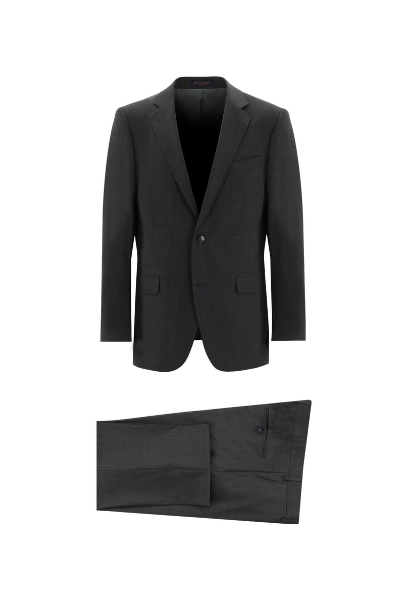 Koyu Füme Relaxed Fit Rahat Kesim Yünlü Klasik Desenli Takım Elbise