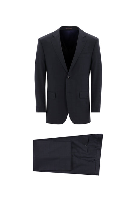 Koyu Lacivert Relaxed Fit Rahat Kesim Yünlü Klasik Kareli Takım Elbise