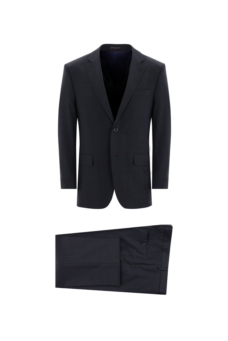 Koyu Lacivert Relaxed Fit Rahat Kesim Yünlü Klasik Kareli Takım Elbise