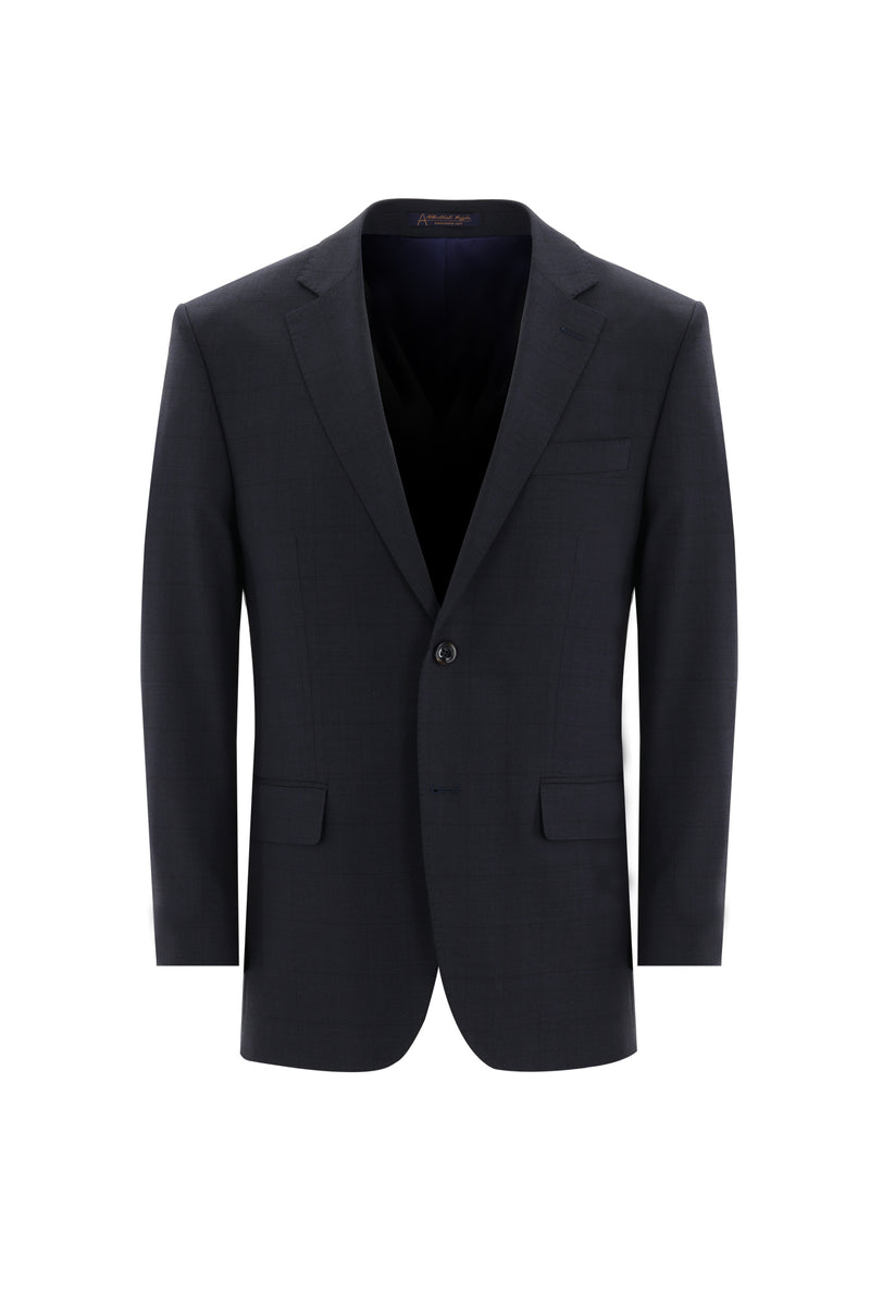 Koyu Lacivert Relaxed Fit Rahat Kesim Yünlü Klasik Kareli Takım Elbise