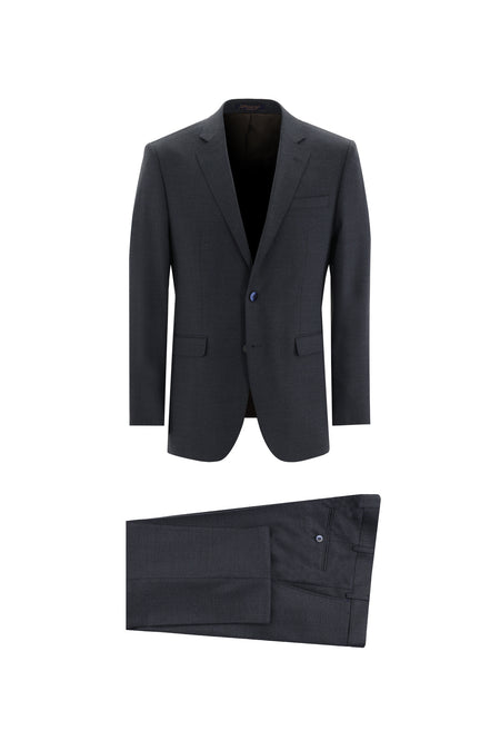 Koyu Lacivert Slim Fit Dar Kesim Yünlü Klasik Desenli Takım Elbise