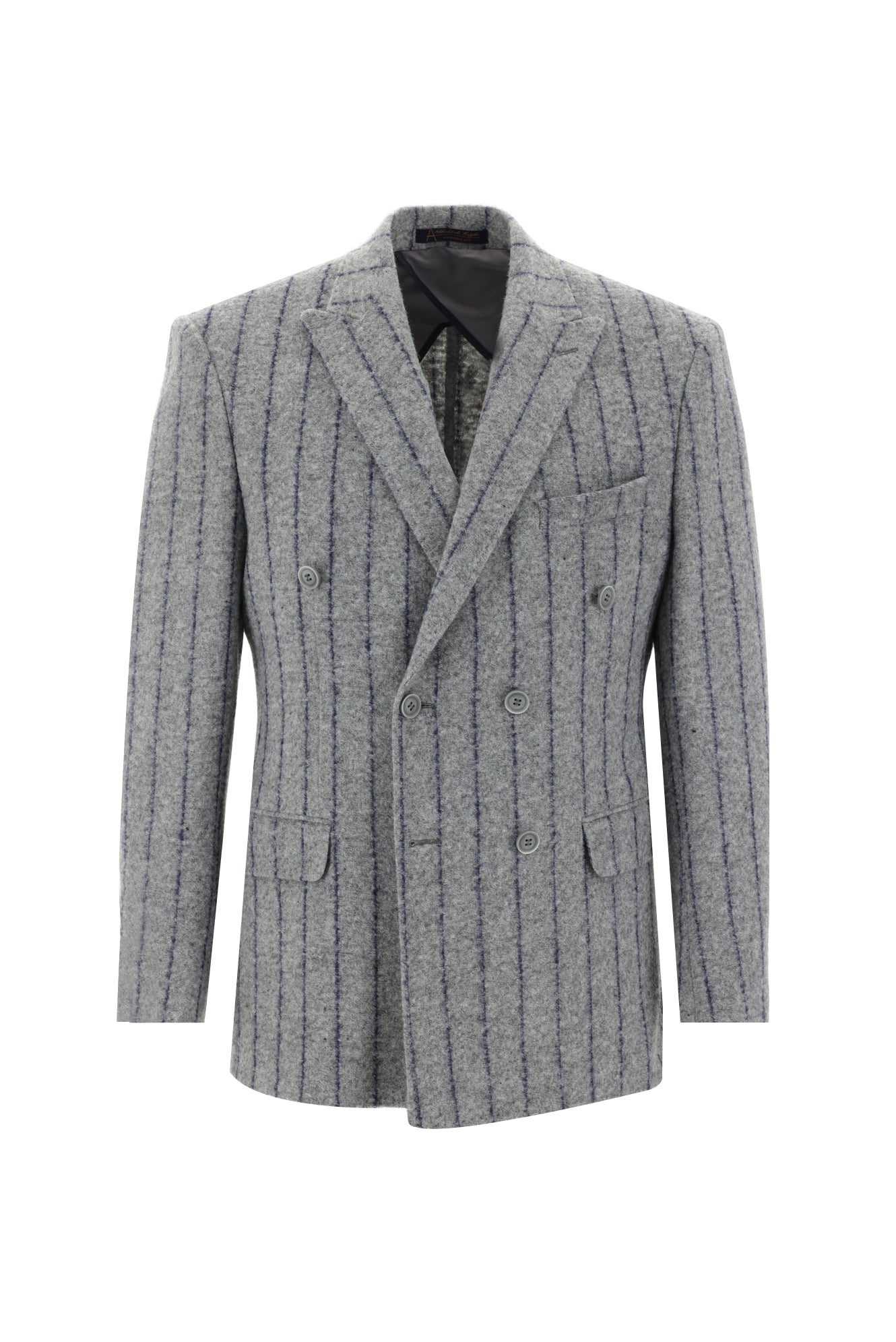 Orta Gri 7 Drop Slim Fit Dar Kesim Kruvaze Yünlü Çizgili Ceket-Abdullah Ki??l?