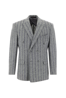 Orta Gri 7 Drop Slim Fit Dar Kesim Kruvaze Yünlü Çizgili Ceket-Abdullah Ki??l?