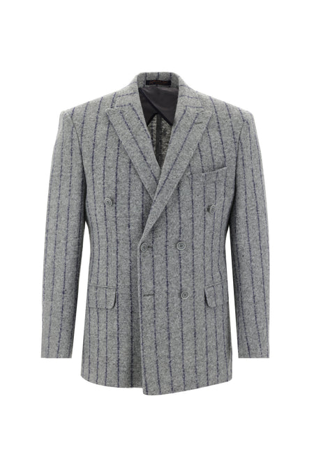 Orta Gri 7 Drop Slim Fit Dar Kesim Kruvaze Yünlü Çizgili Ceket-Abdullah Ki??l?