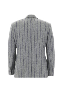 Orta Gri 7 Drop Slim Fit Dar Kesim Kruvaze Yünlü Çizgili Ceket-Abdullah Ki??l?