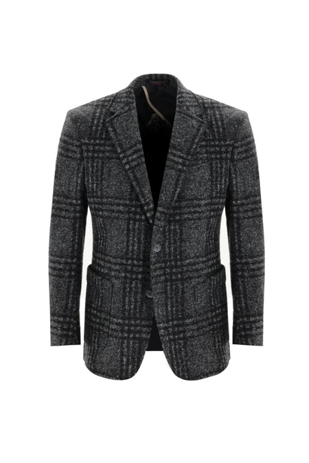 Koyu Füme Relaxed Fit Rahat Kesim Yünlü Örme Ekose Ceket