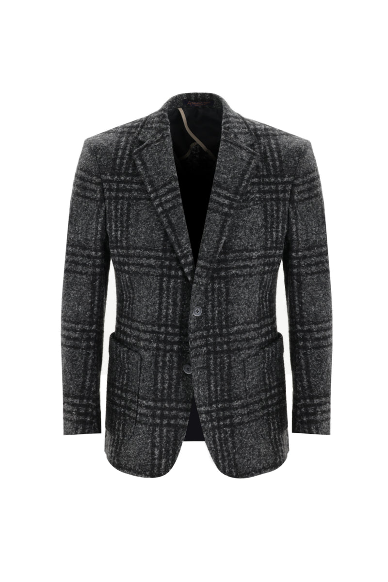 Koyu Füme Relaxed Fit Rahat Kesim Yünlü Örme Ekose Ceket