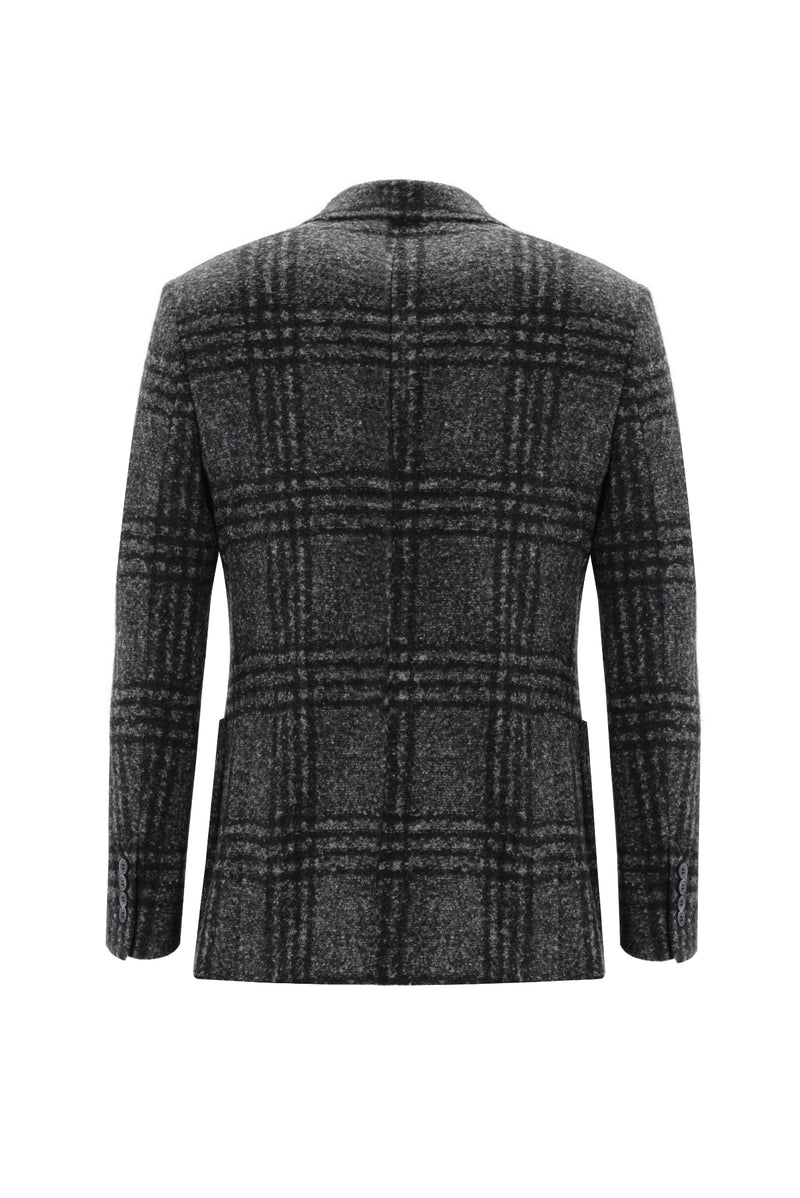 Koyu Füme Relaxed Fit Rahat Kesim Yünlü Örme Ekose Ceket