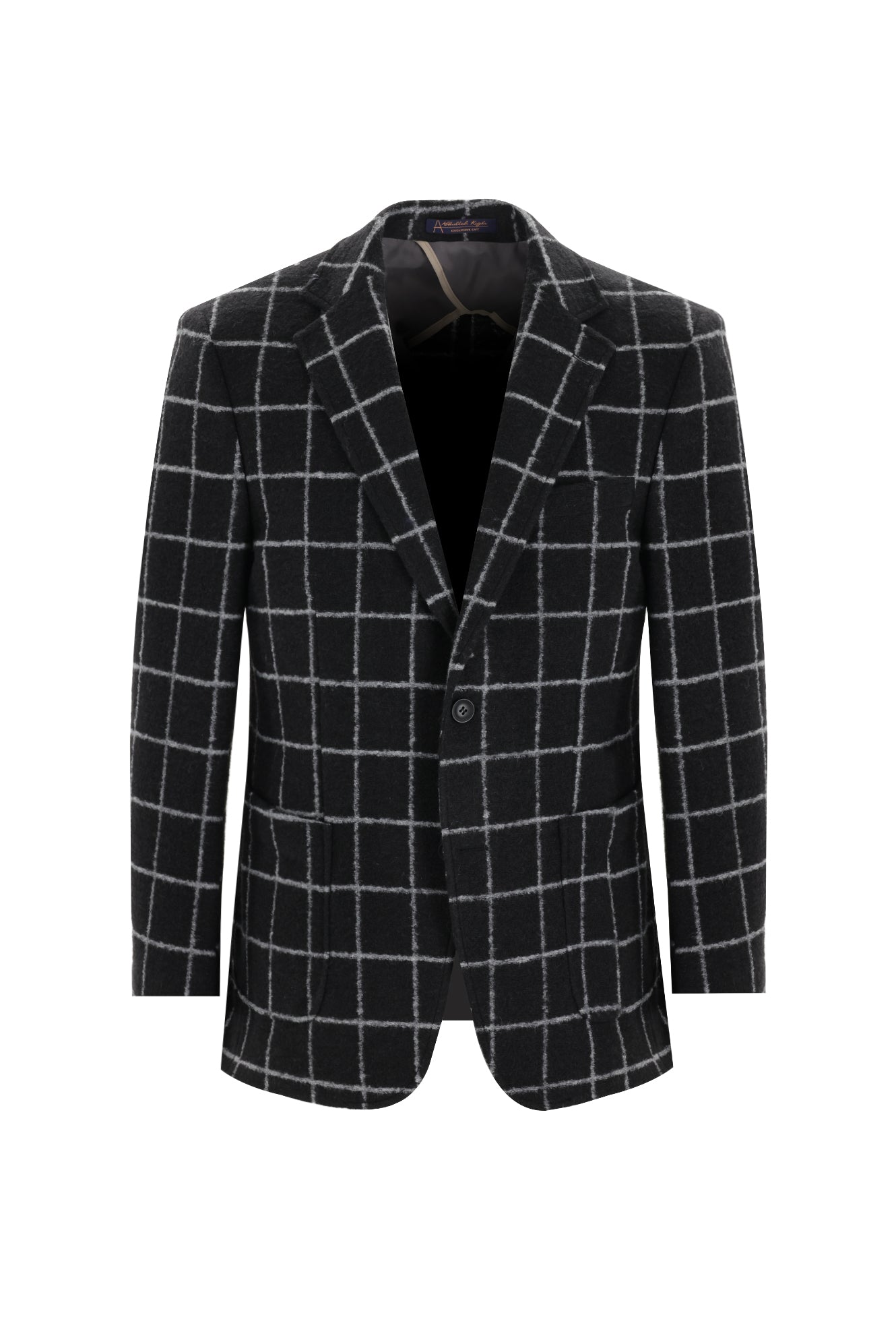 Siyah Relaxed Fit Rahat Kesim Yünlü Örme Kareli Ceket