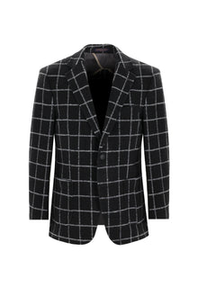 Siyah Relaxed Fit Rahat Kesim Yünlü Örme Kareli Ceket