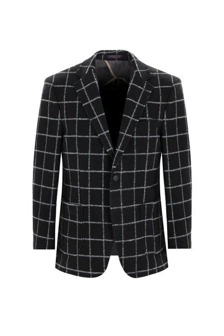 Siyah Relaxed Fit Rahat Kesim Yünlü Örme Kareli Ceket