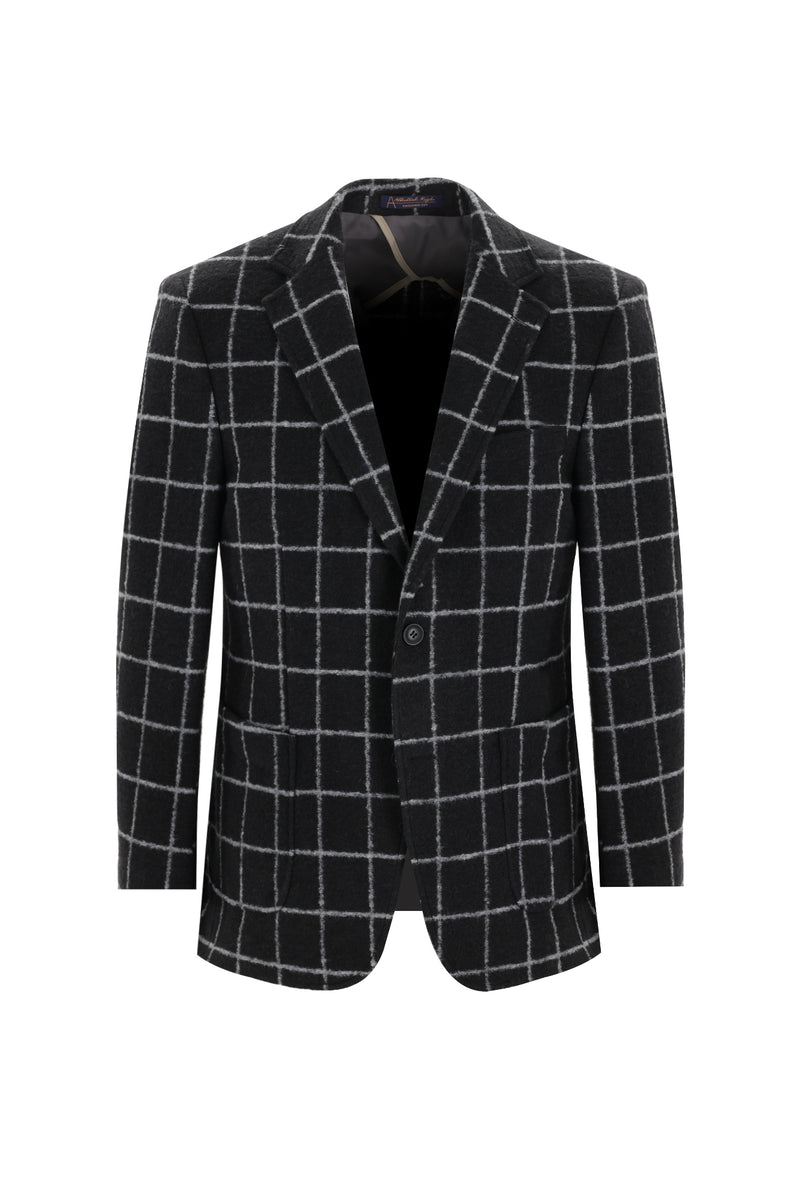 Siyah Relaxed Fit Rahat Kesim Yünlü Örme Kareli Ceket