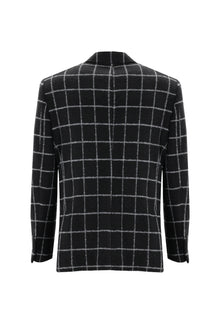 Siyah Relaxed Fit Rahat Kesim Yünlü Örme Kareli Ceket