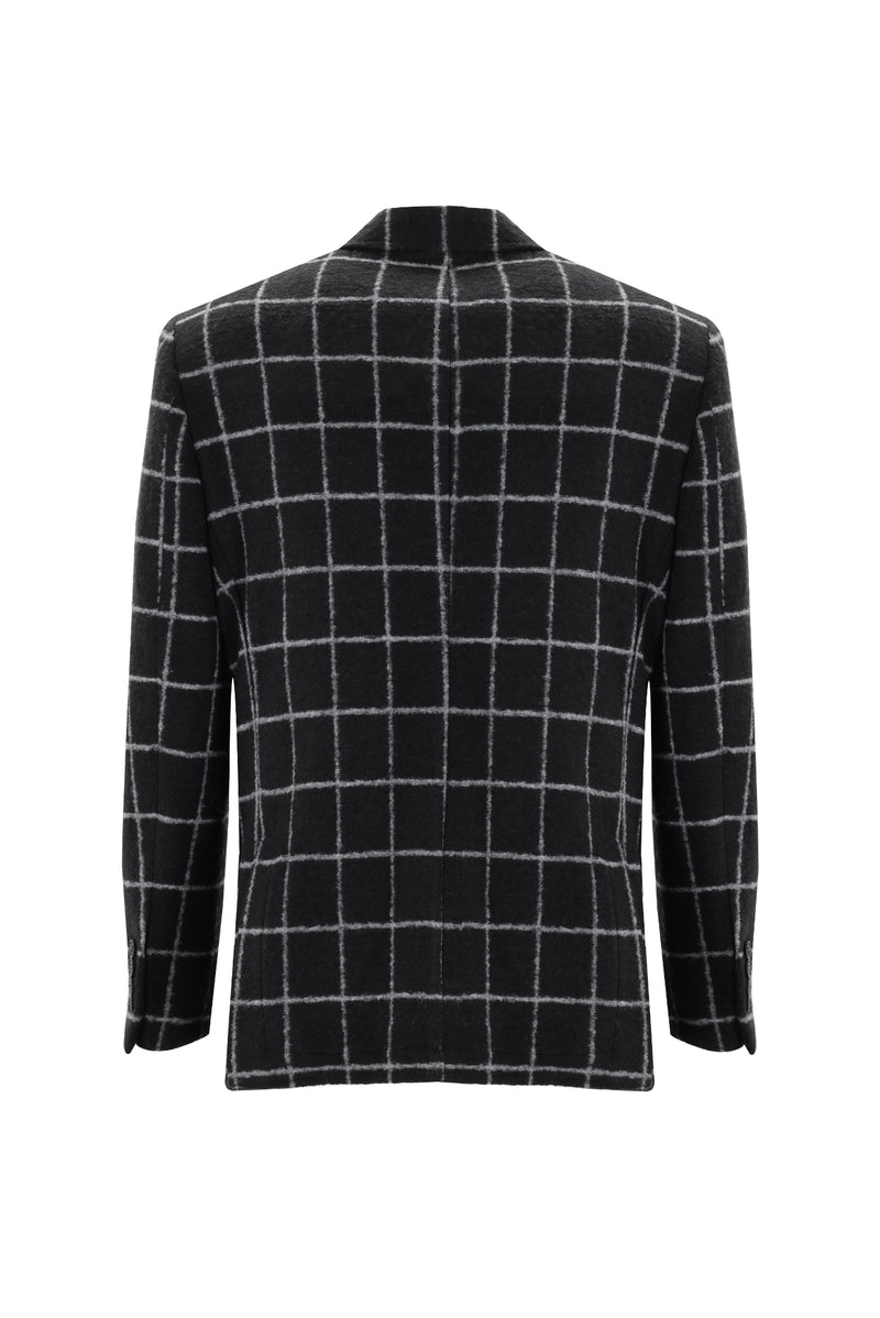 Siyah Relaxed Fit Rahat Kesim Yünlü Örme Kareli Ceket