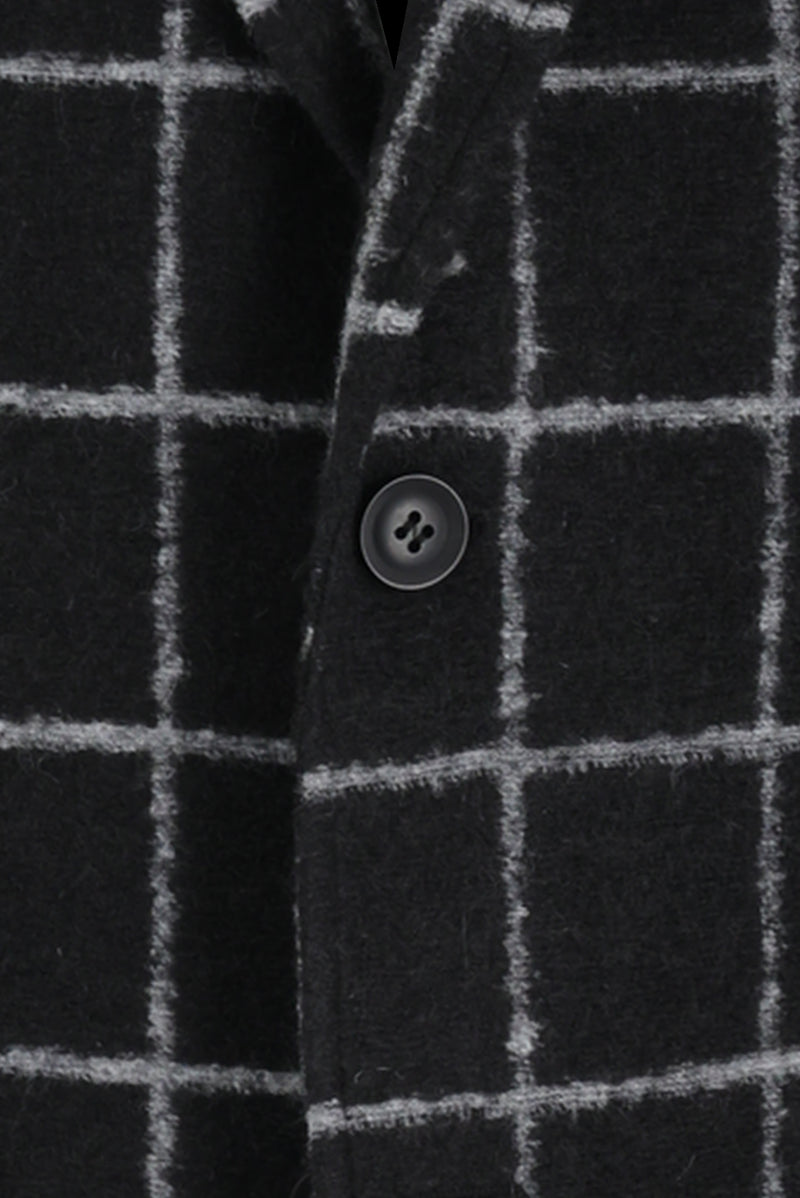 Siyah Relaxed Fit Rahat Kesim Yünlü Örme Kareli Ceket