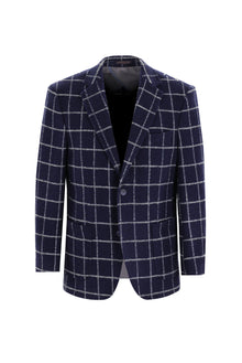 Orta Lacivert Relaxed Fit Rahat Kesim Yünlü Örme Kareli Ceket