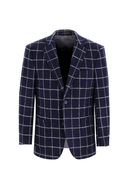 Orta Lacivert 4 Drop Relaxed Fit Rahat Kesim Yünlü Örme Kareli Ceket-Abdullah Ki??l?