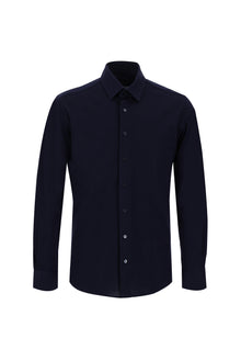 Koyu Lacivert Uzun Kol Slim Fit Dar Kesim Desenli Pamuk Gömlek