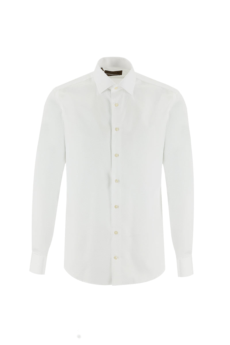 Beyaz Uzun Kol Slim Fit Dar Kesim Desenli Manşetli Pamuk Gömlek