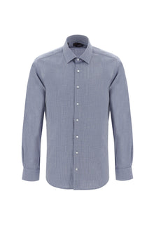 Koyu Lacivert Uzun Kol Slim Fit Dar Kesim Desenli Spor Pamuk Gömlek