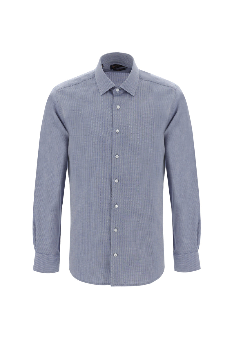 Koyu Lacivert Uzun Kol Slim Fit Dar Kesim Desenli Spor Pamuk Gömlek