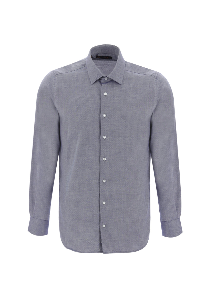 Koyu Lacivert Uzun Kol Slim Fit Dar Kesim Desenli Klasik Pamuk Gömlek