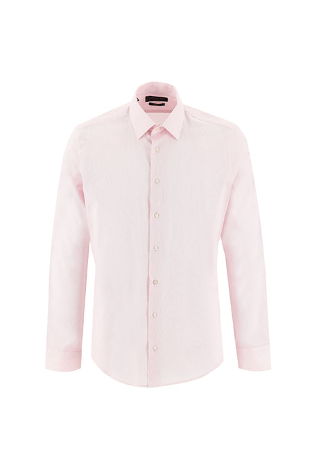 Toz Pembe Uzun Kol Slim Fit Dar Kesim Desenli Klasik Pamuk Gömlek-Abdullah Ki??l?