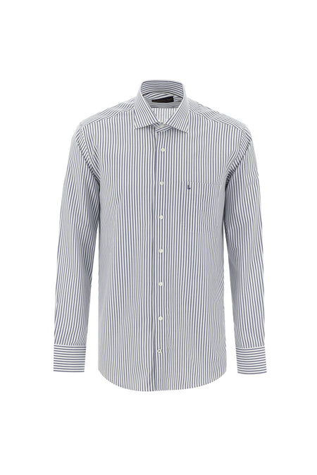 Açık Lacivert Uzun Kol Regular Fit Çizgili Pamuk Gömlek