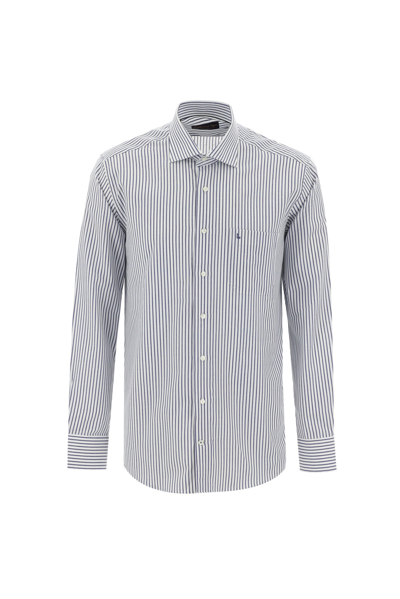 Açık Lacivert Uzun Kol Regular Fit Çizgili Pamuk Gömlek