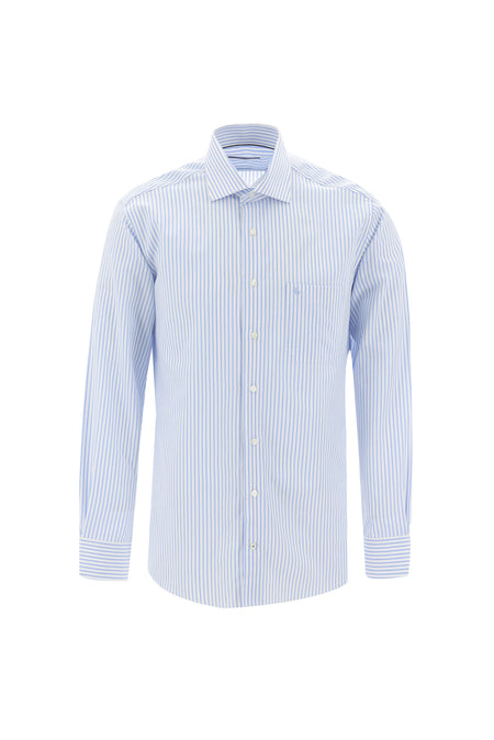 Açık Mavi Uzun Kol Regular Fit Çizgili Pamuk Gömlek