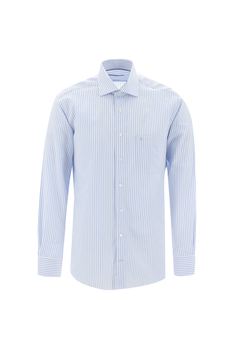 Açık Mavi Uzun Kol Regular Fit Çizgili Pamuk Gömlek