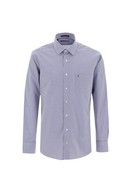 Açık Lacivert Uzun Kol Regular Fit Çizgili Pamuk Gömlek