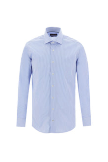 Açık Mavi Uzun Kol Slim Fit Dar Kesim Klasik Çizgili Pamuk Gömlek