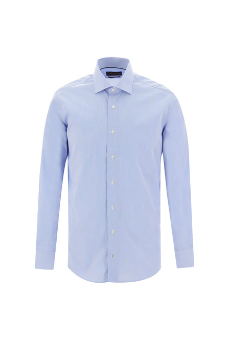 Açık Mavi Uzun Kol Slim Fit Dar Kesim Klasik Çizgili Pamuk Gömlek