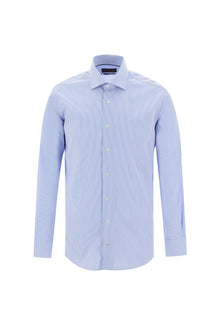 Açık Mavi Uzun Kol Slim Fit Dar Kesim Klasik Çizgili Pamuk Gömlek