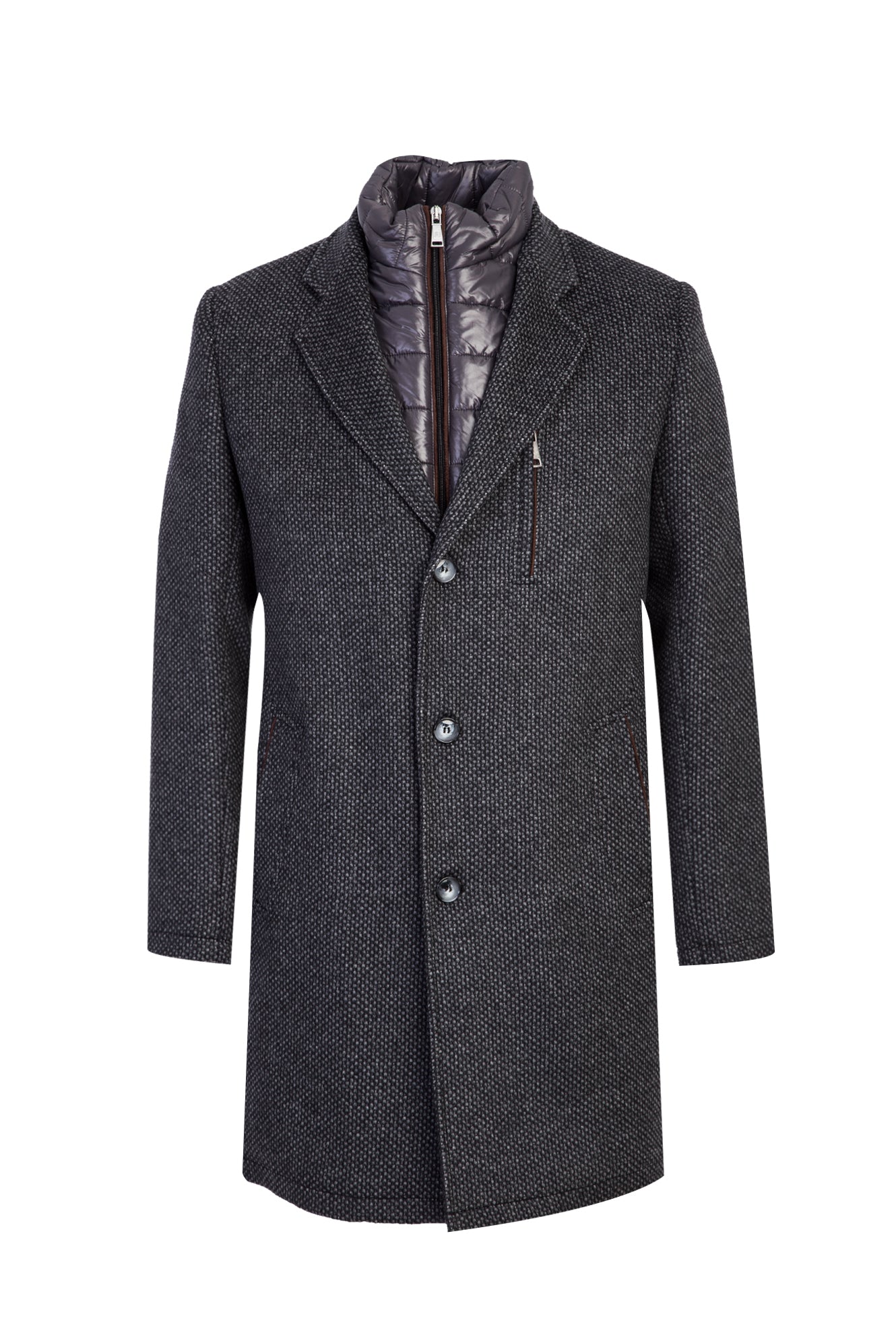 Orta Gri Dik Yaka Desenli Kaşmirli Kaban