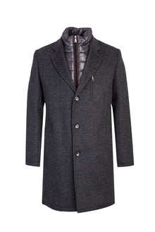 Orta Gri Dik Yaka Desenli Kaşmirli Kaban