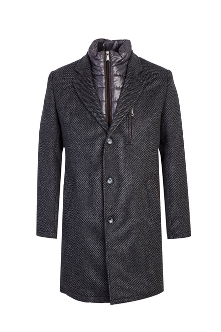 Orta Gri Dik Yaka Desenli Kaşmirli Kaban