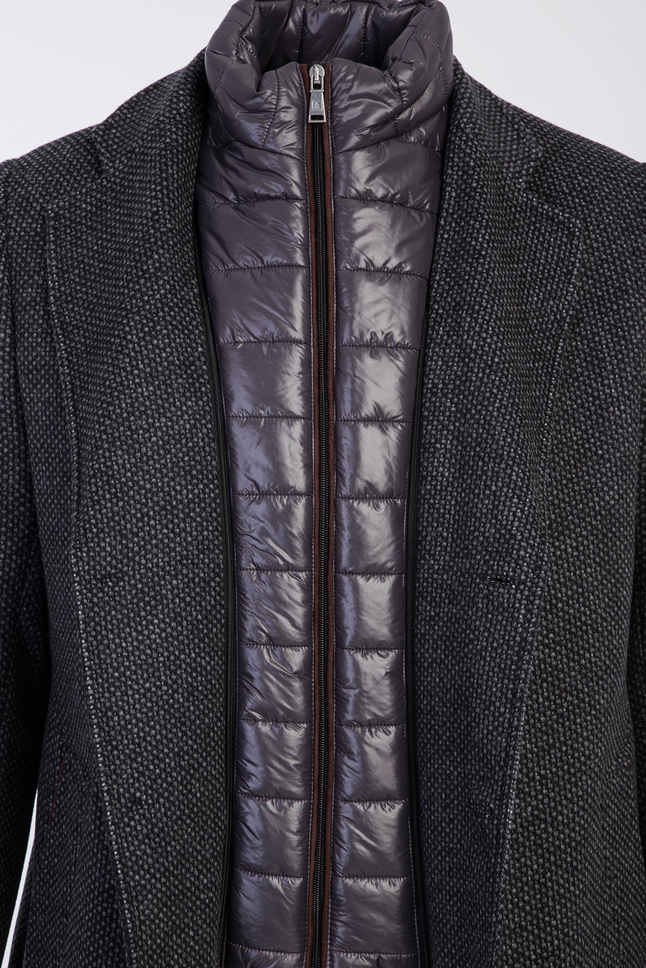 Orta Gri Dik Yaka Desenli Kaşmirli Kaban