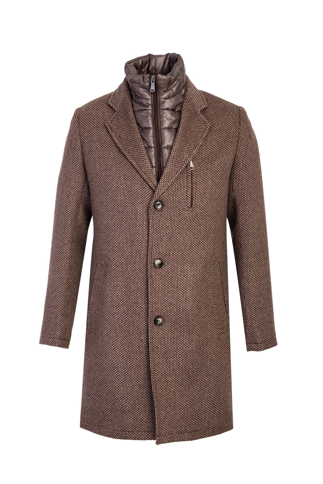 Orta Kahve Dik Yaka Desenli Kaşmirli Kaban