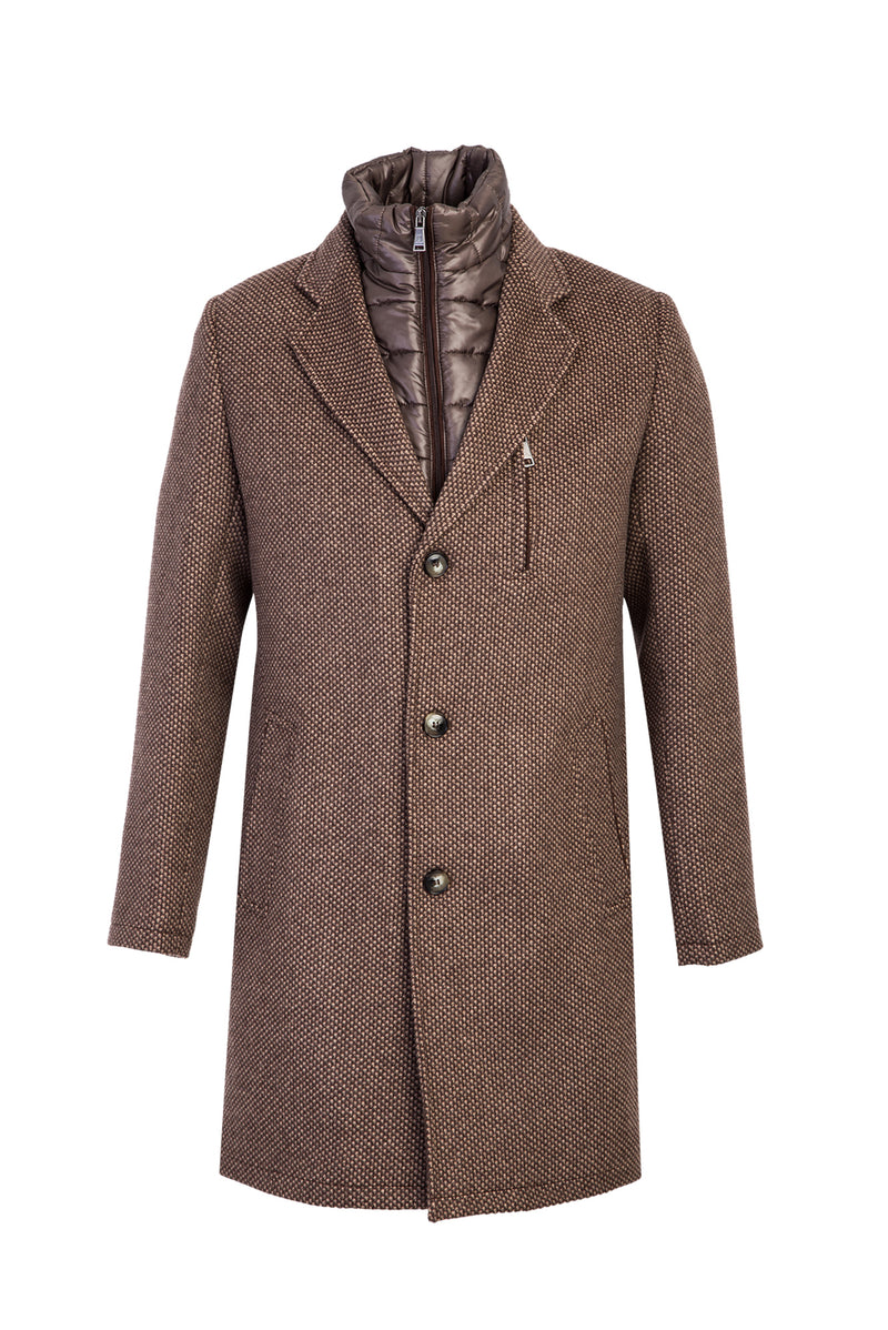 Orta Kahve Dik Yaka Desenli Kaşmirli Kaban