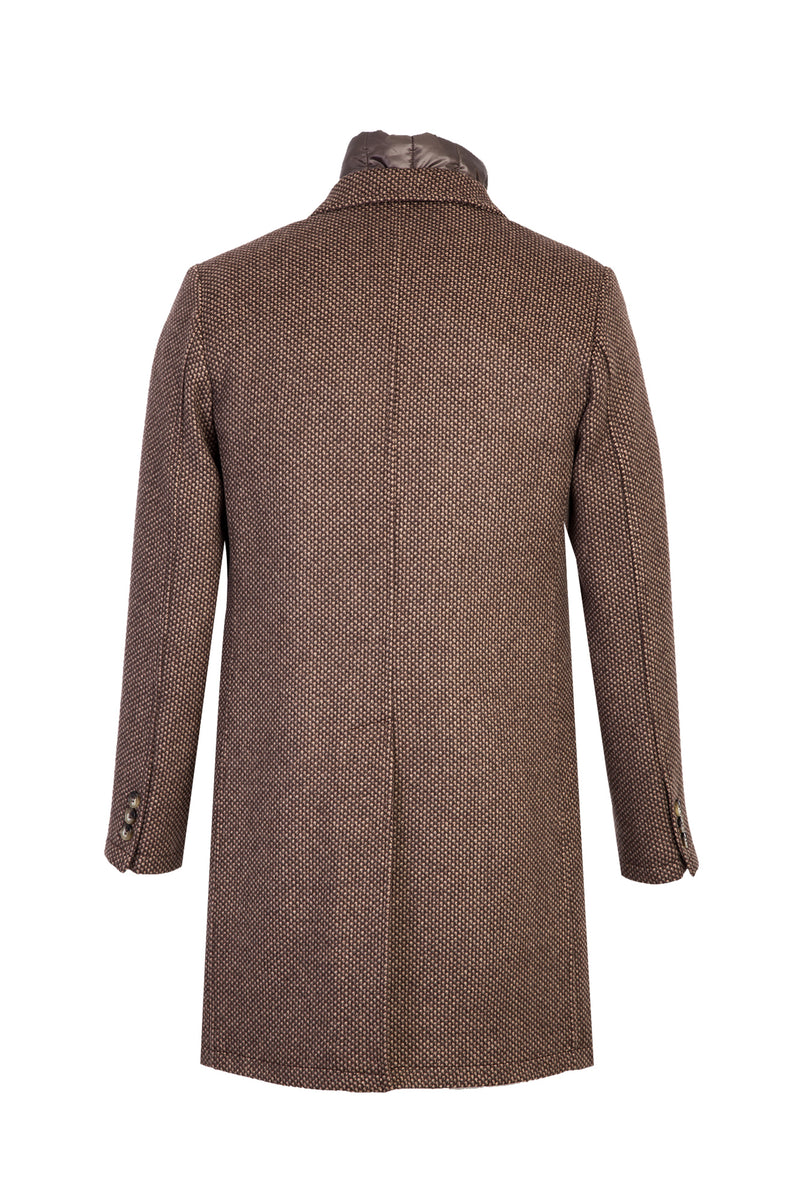 Orta Kahve Dik Yaka Desenli Kaşmirli Kaban