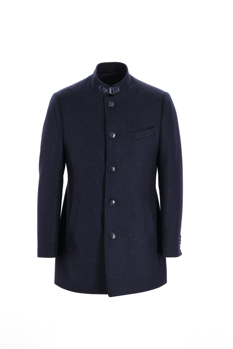 Koyu Lacivert Dik Yaka Yünlü Spor Kaban