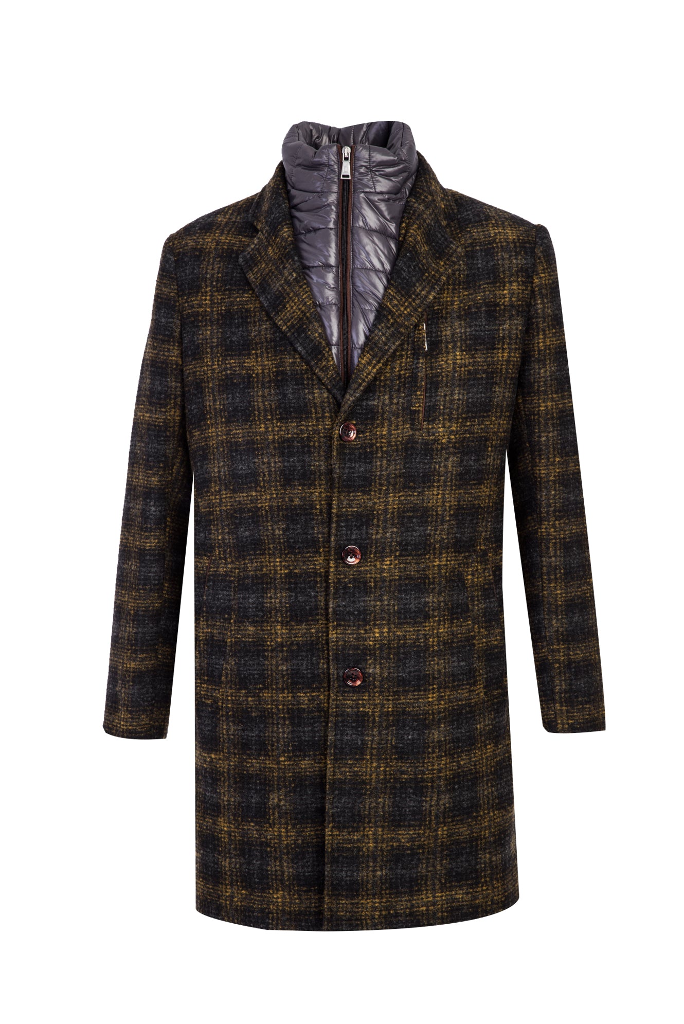 Hardal Dik Yaka Yünlü Desenli Kaban