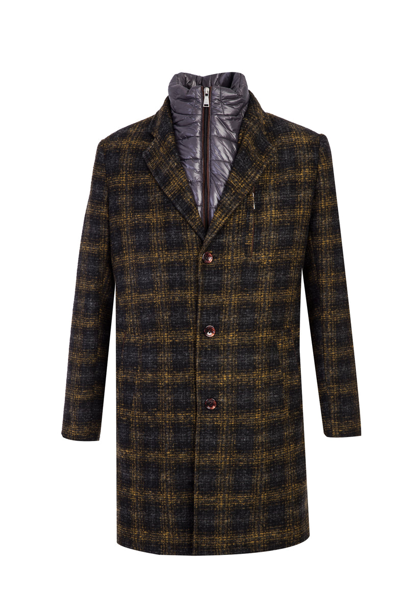 Hardal Dik Yaka Yünlü Desenli Kaban