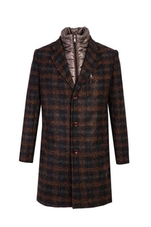 Tarçın  Dik Yaka Yünlü Desenli Kaban