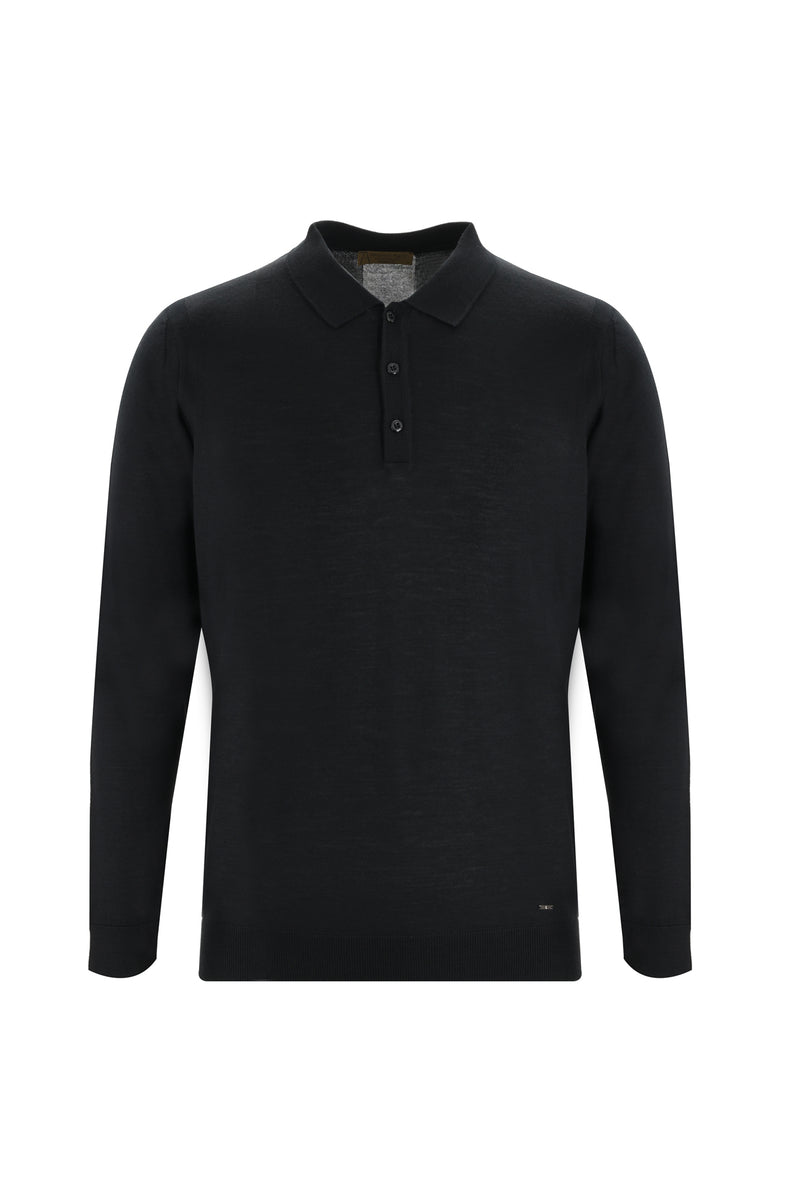 Siyah Polo Yaka Regular Fit Triko Kazak