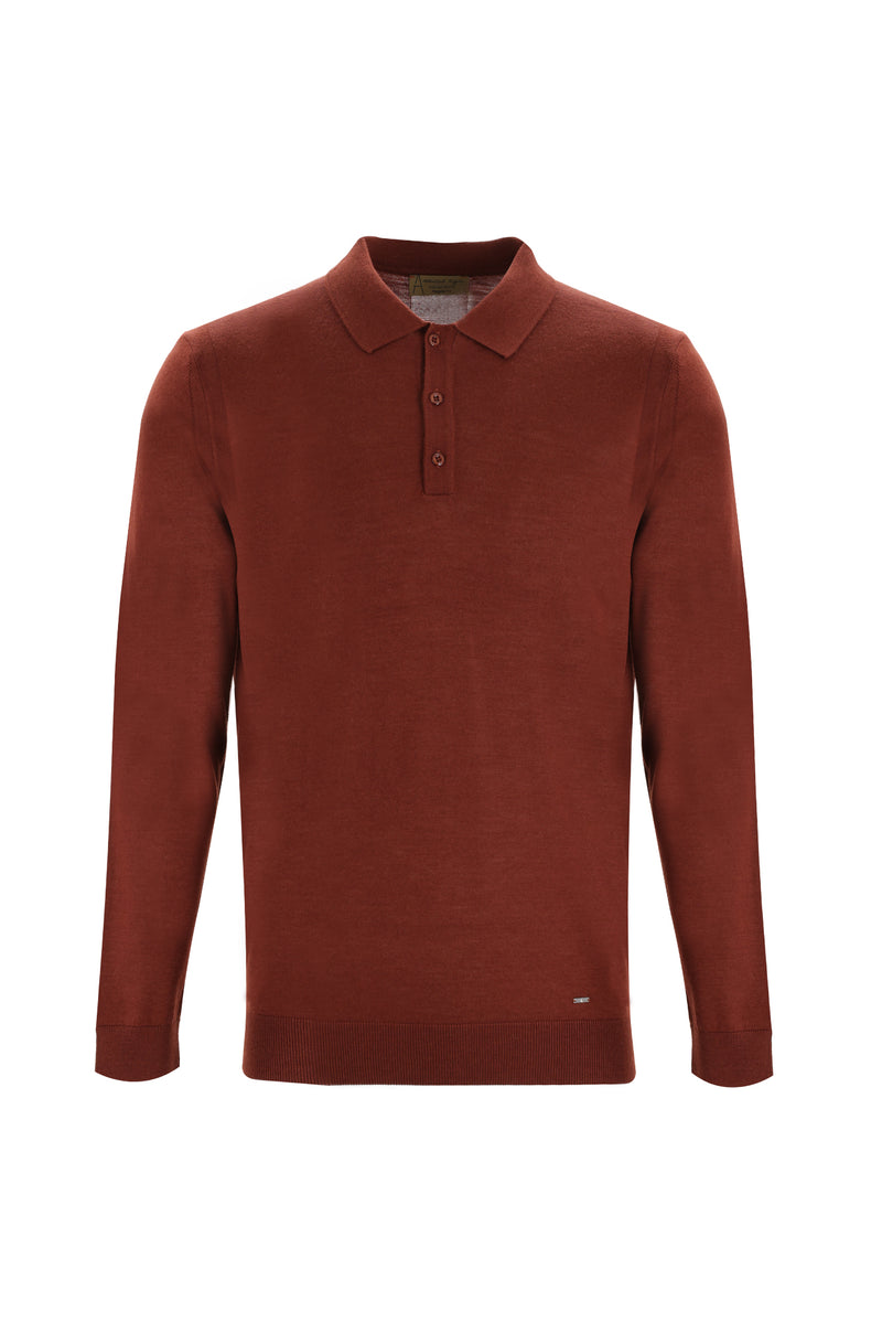 Kiremit Polo Yaka Regular Fit Yünlü Triko Kazak