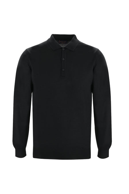 Siyah Polo Yaka Regular Fit Yünlü Triko Kazak