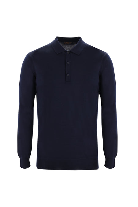 Orta Lacivert Polo Yaka Regular Fit Yünlü Triko Kazak